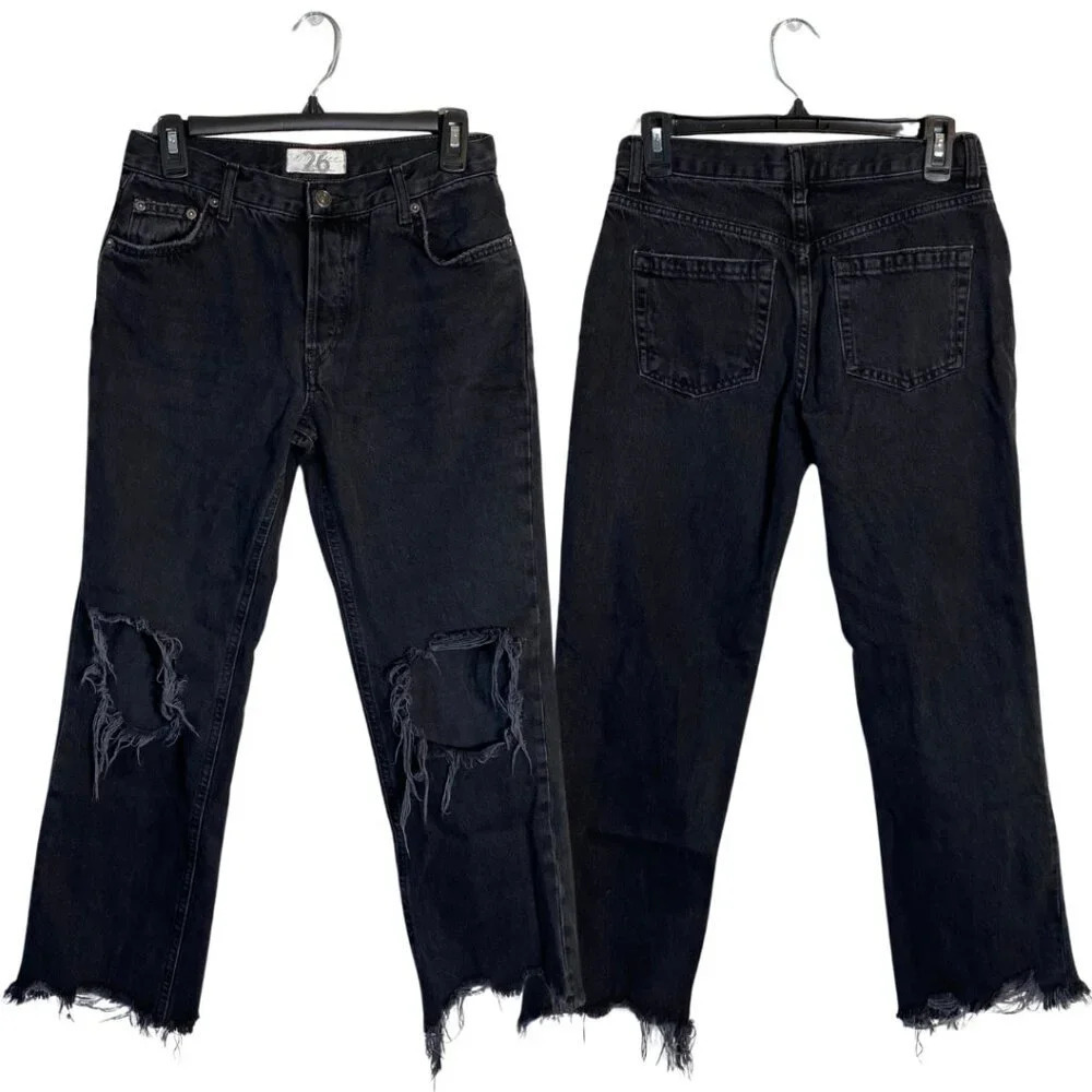 Free People Maggie Mid-Rise Straight Leg Denim Jeans Women's 26 Black Distressed